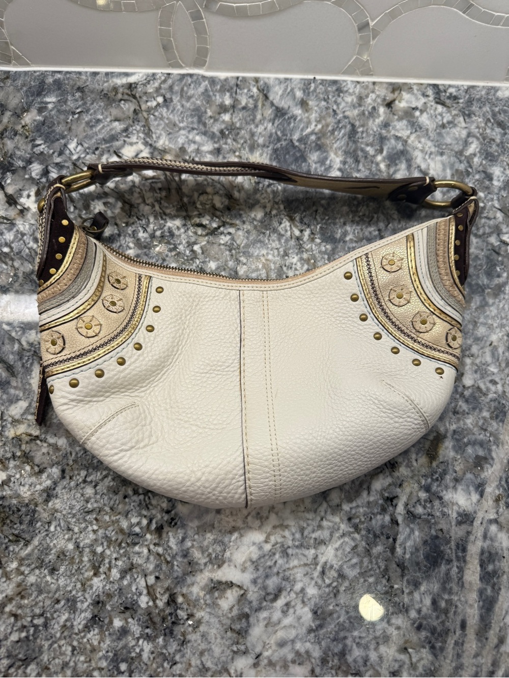 Vintage Ivory Coach Hobo Bag with Appliqué and Studs